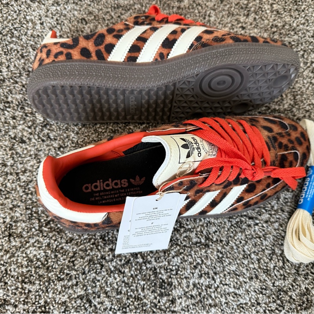 NWT and box Adidas Leopard Print Sneakers with Red-Orange and White Accents
